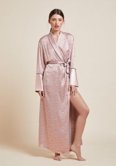 NEW Luxurious Olivia von Halle Blush Pink Printed Silk Dressing Gown Robe M/L