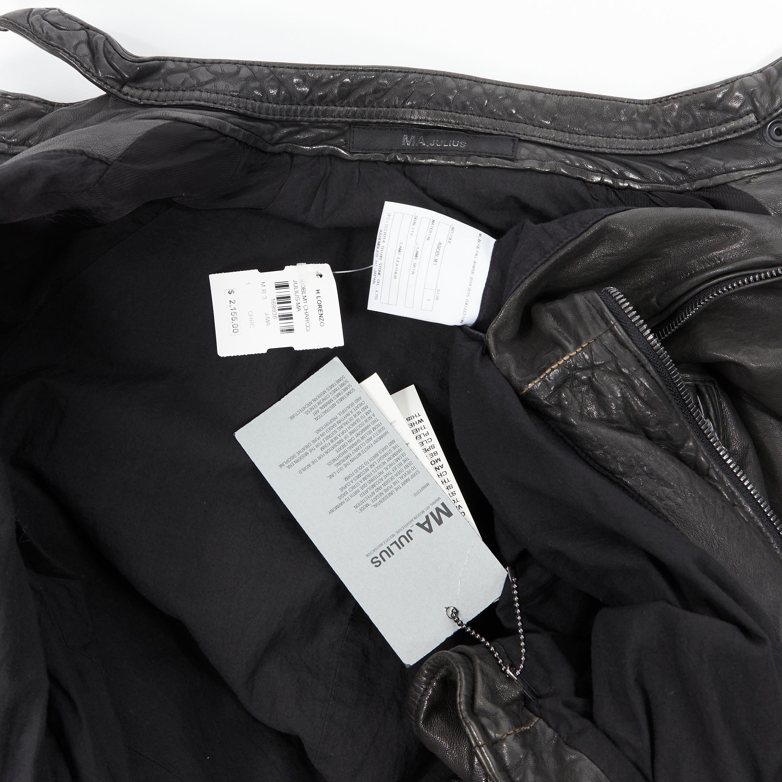 new MA JULIUS black tumbled soft lamb leather collarless zip biker jacket S 2