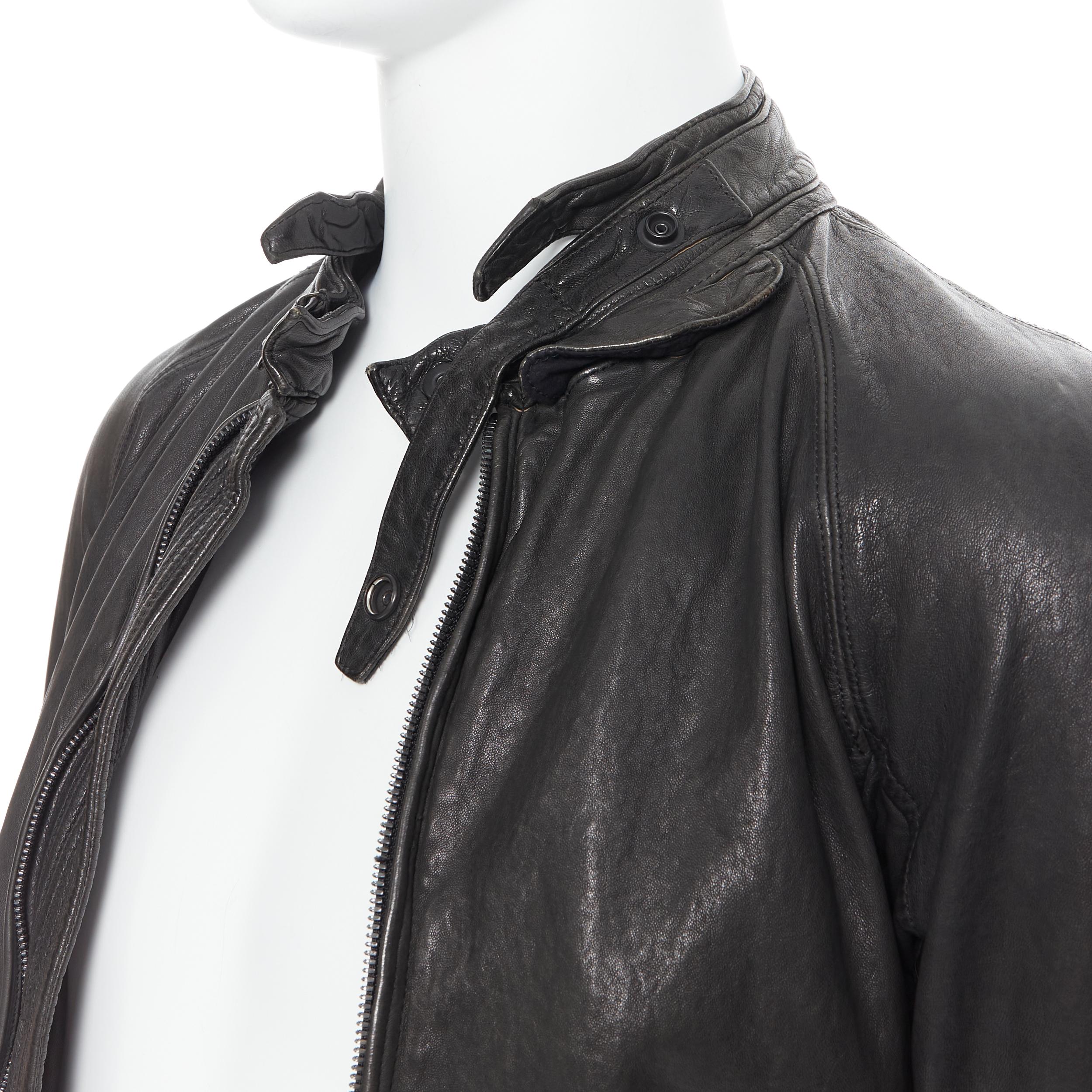new MA JULIUS black tumbled soft lamb leather collarless zip biker jacket S Reference: PRCN/A00047 Brand: Ma Julius Collection: Fall Winter 2014 Material: Leather Color: Black Pattern: Solid Closure: Zip Extra Detail: Genuine lamb leather. Tumbled