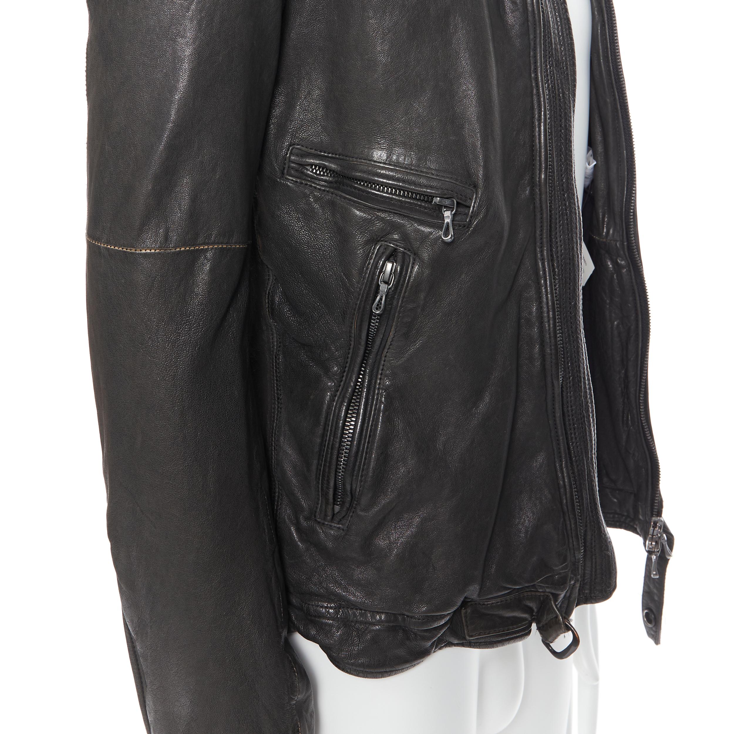 new MA JULIUS black tumbled soft lamb leather collarless zip biker jacket S In Good Condition In Hong Kong, NT
