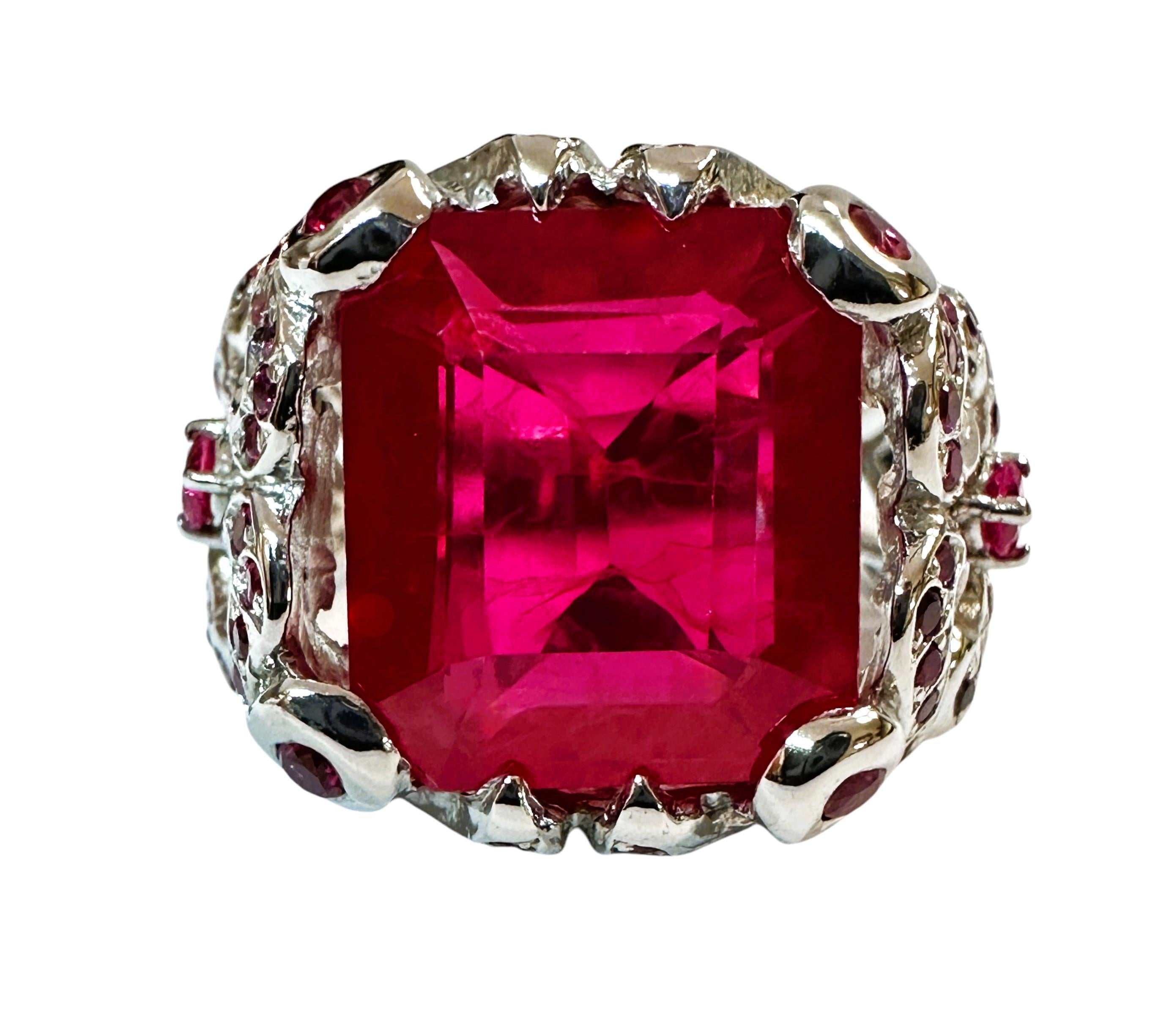 Art Deco New 11.7 carat Fancy Cut Red & Diamond Cut Pink Sapphire Sterling Ring
