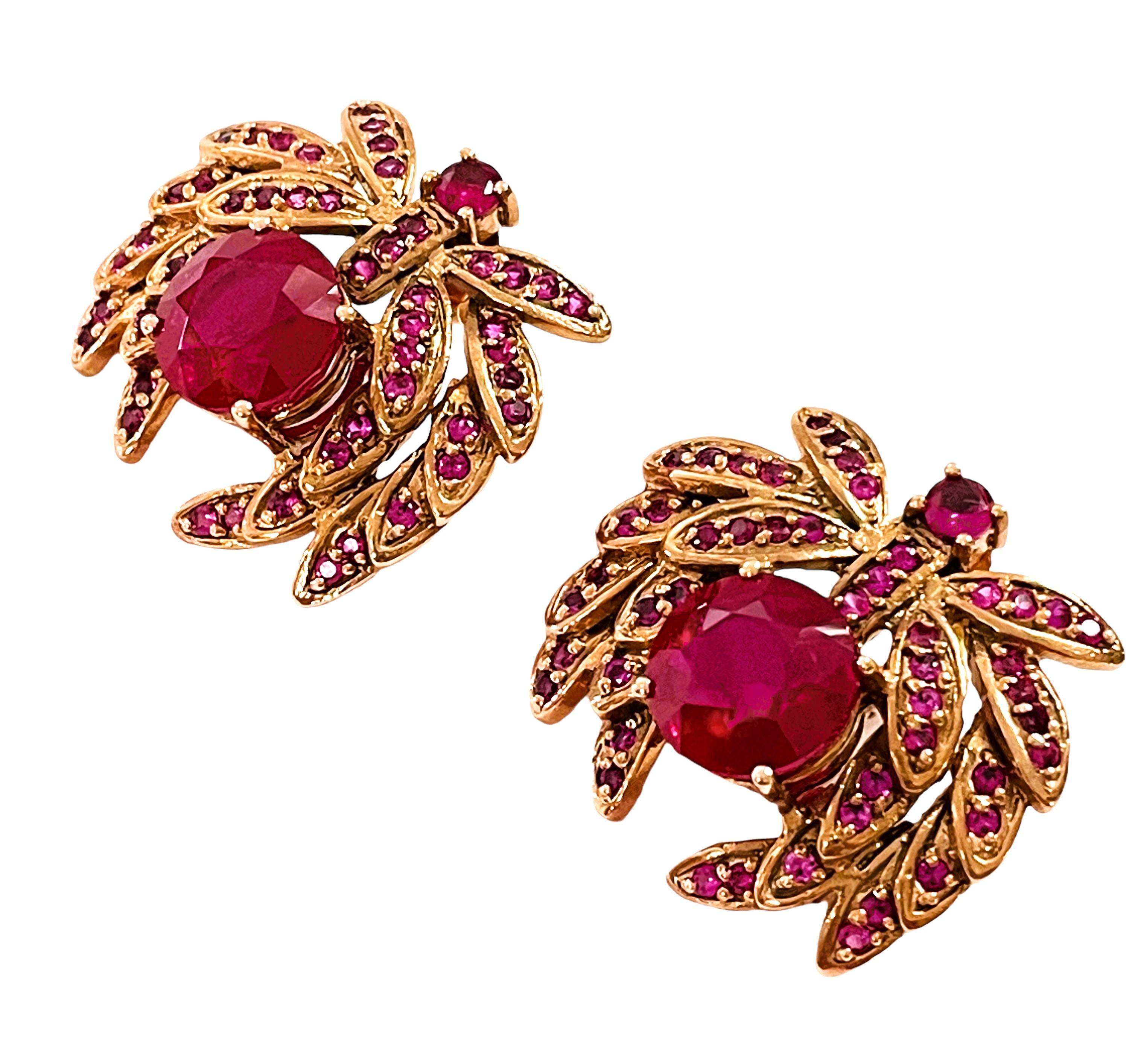 Round Cut New Madagascar IF 12ct Ruby and Padparadscha Sapphire RGold Sterling Earrings For Sale
