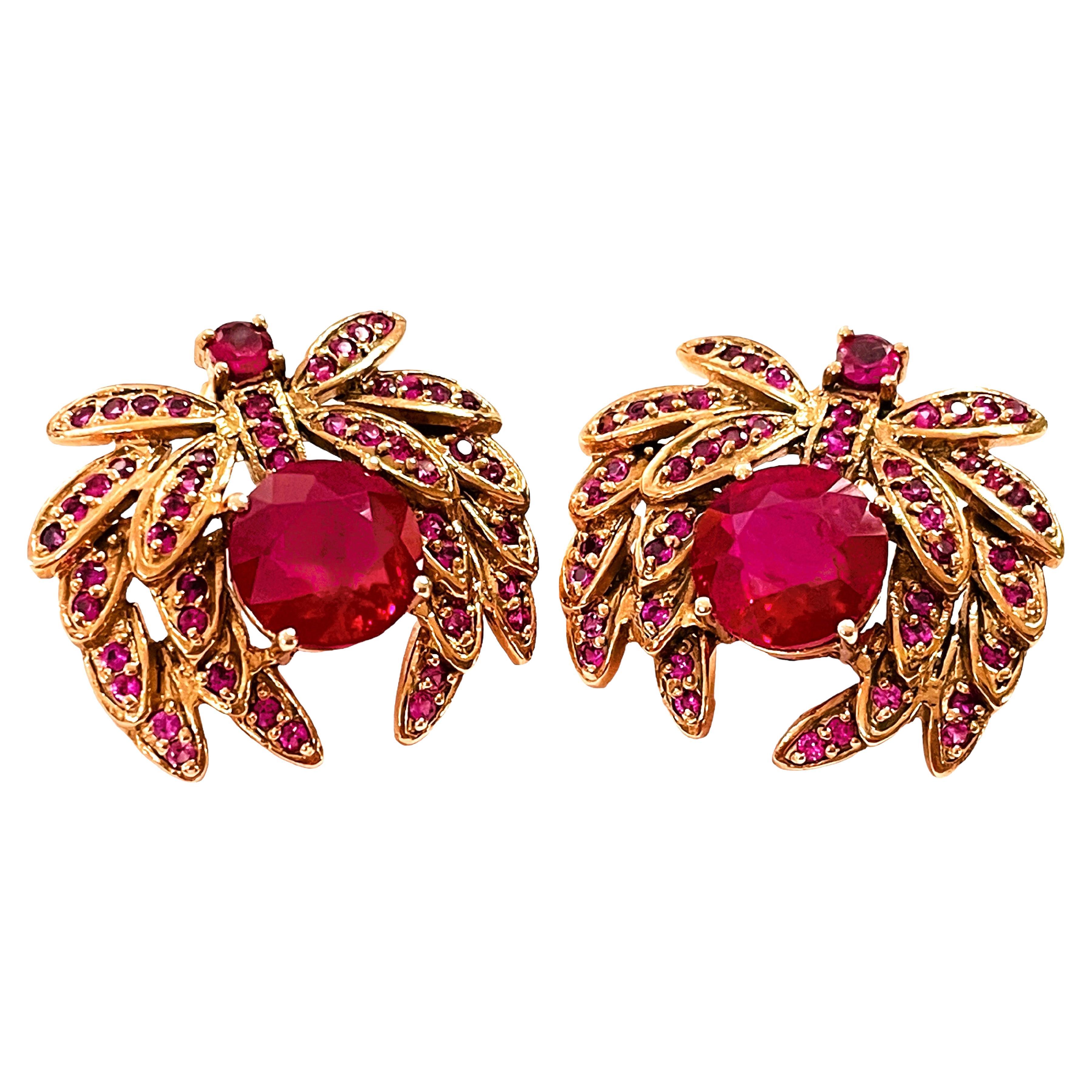 New Madagascar IF 12ct Ruby and Padparadscha Sapphire RGold Sterling Earrings For Sale
