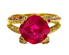 New Madagascar Pinkish Red Ruby & Sapphire YGold Plated Sterling Ring 6.75