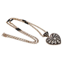 New Made 14k Gold Estate Natural Diamond Enamel Heart Necklace