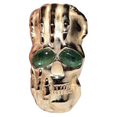 New Made 14k Gold Natural Cabochon Cut Emerald Decorated Skull Ring