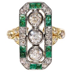 New Made 14k Gold Natural Diamond And Baguette Cut Emerald Decorated Ring