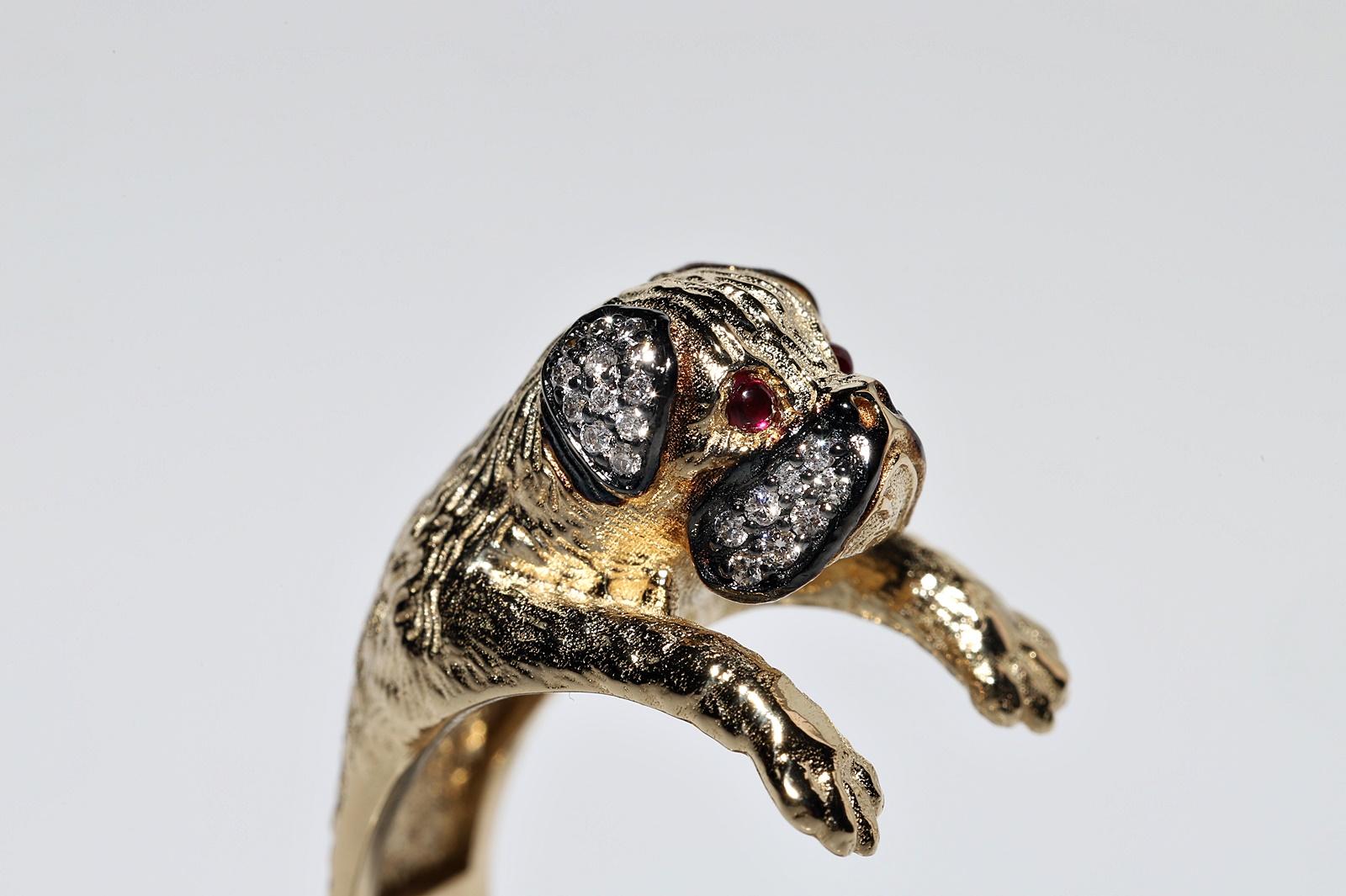 New Made 14k Gold Natural Diamond And Cabochon Ruby Decorated Dog Ring For Sale 6