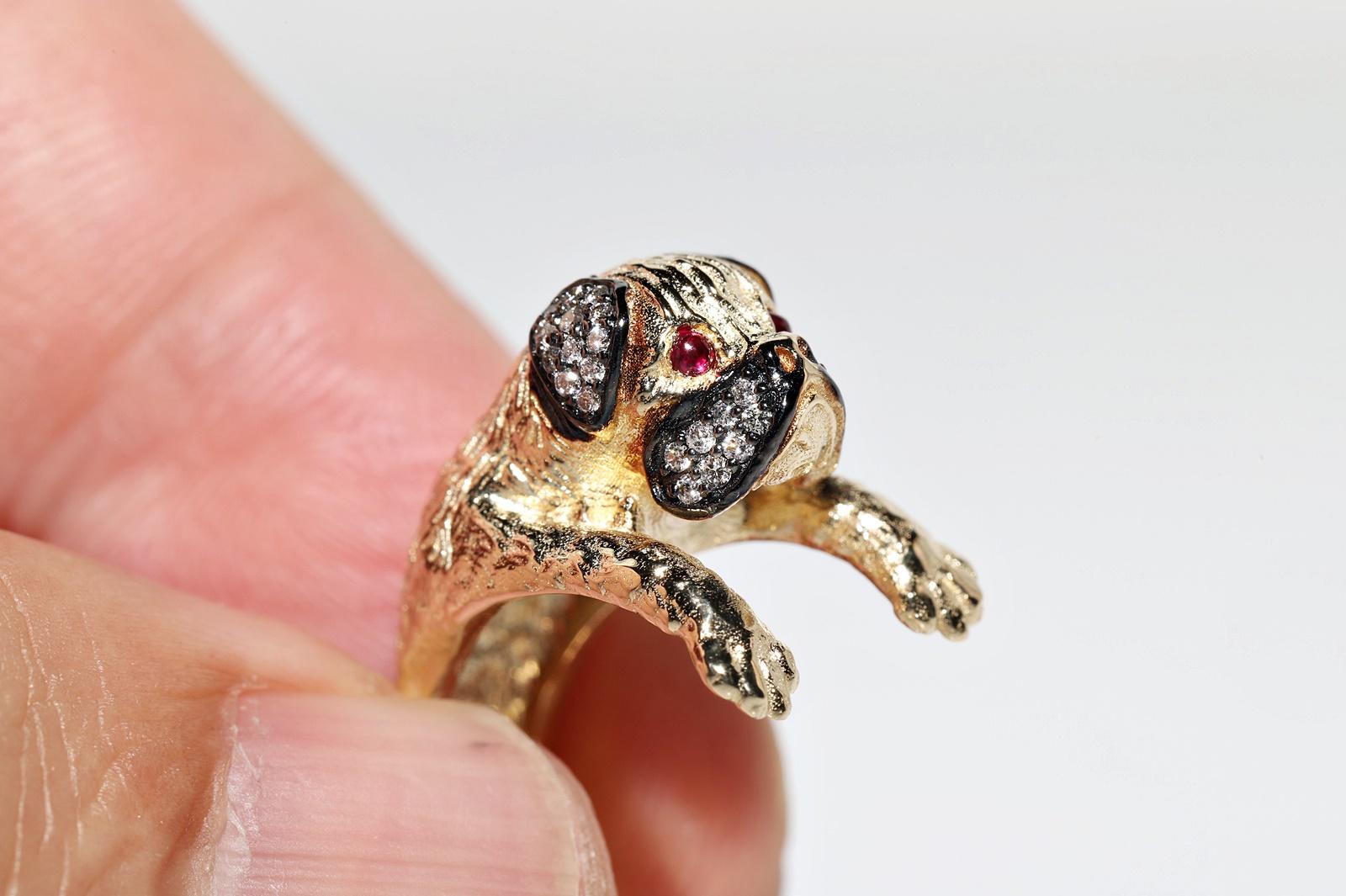 New Made 14k Gold Natural Diamond And Cabochon Ruby Decorated Dog Ring For Sale 3
