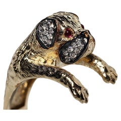 New Made 14k Gold Natural Diamond And Cabochon Ruby Decorated Dog Ring