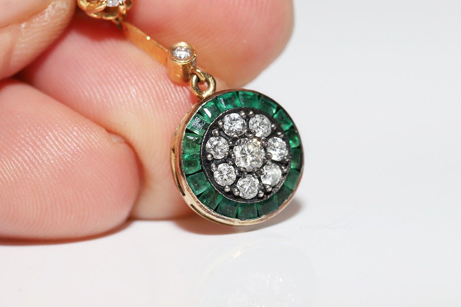 New Made 14k Gold Natural Diamond And Caliber Cut Emerald Decorated Earring For Sale 6