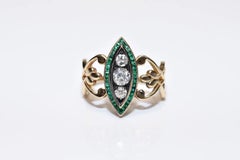 New Made 14k Gold Natural Diamond And Caliber Cut Emerald Navette Ring
