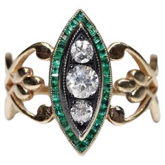 New Made 14k Gold Natural Diamond And Caliber Cut Emerald Navette Ring