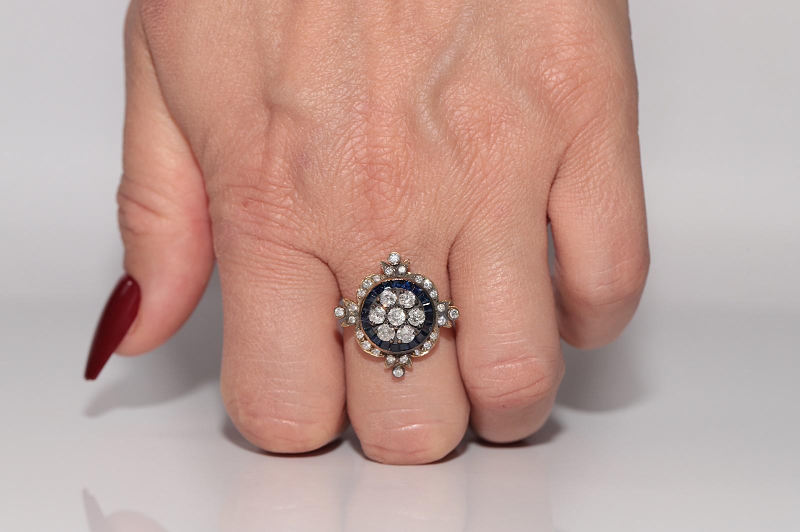Anillo Sorprendente De Oro De 14k Con Diamante Natural Y Zafiro De Corte Calibre Moderno en venta