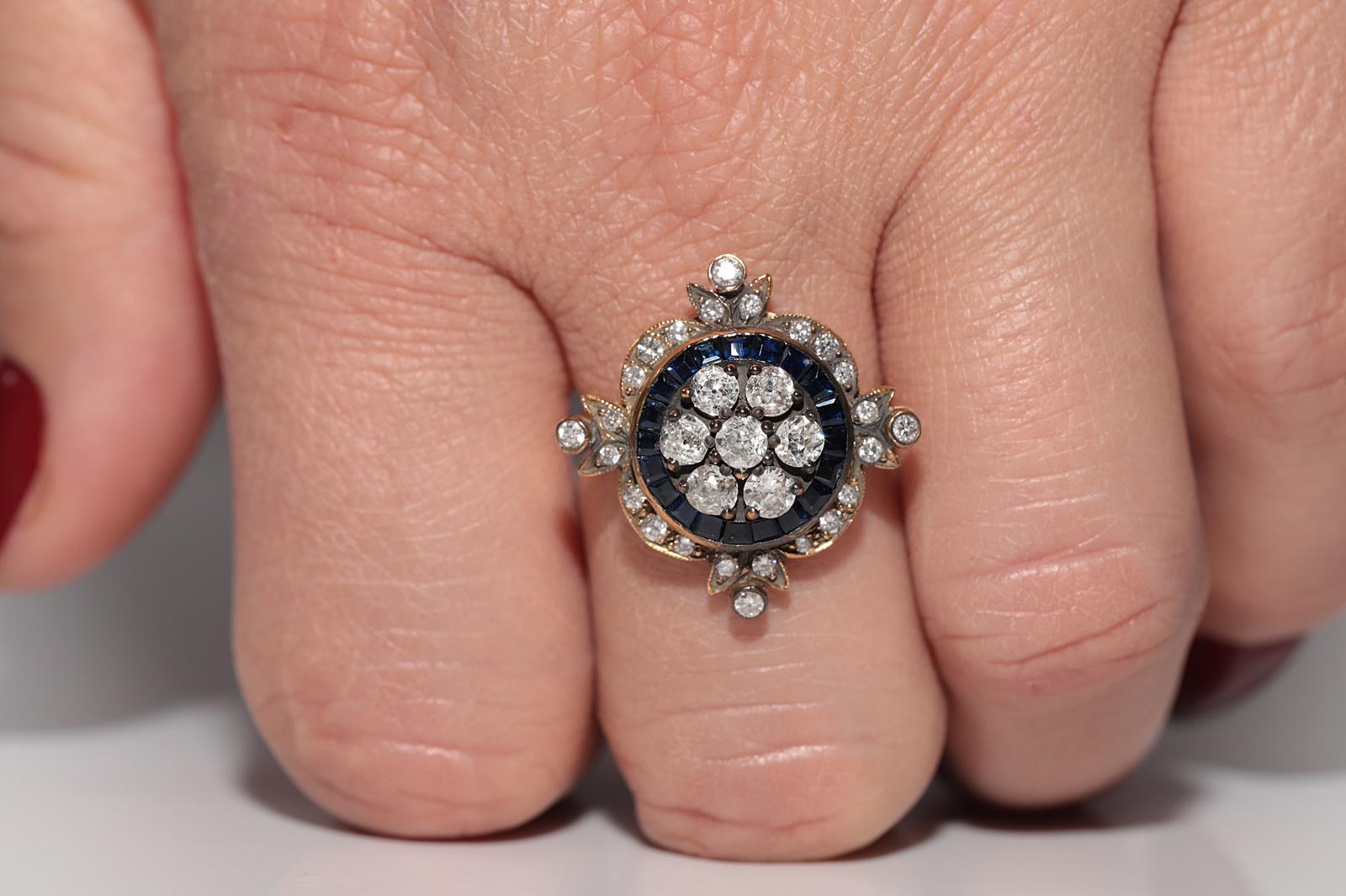 Anillo Sorprendente De Oro De 14k Con Diamante Natural Y Zafiro De Corte Calibre Talla antigua en venta