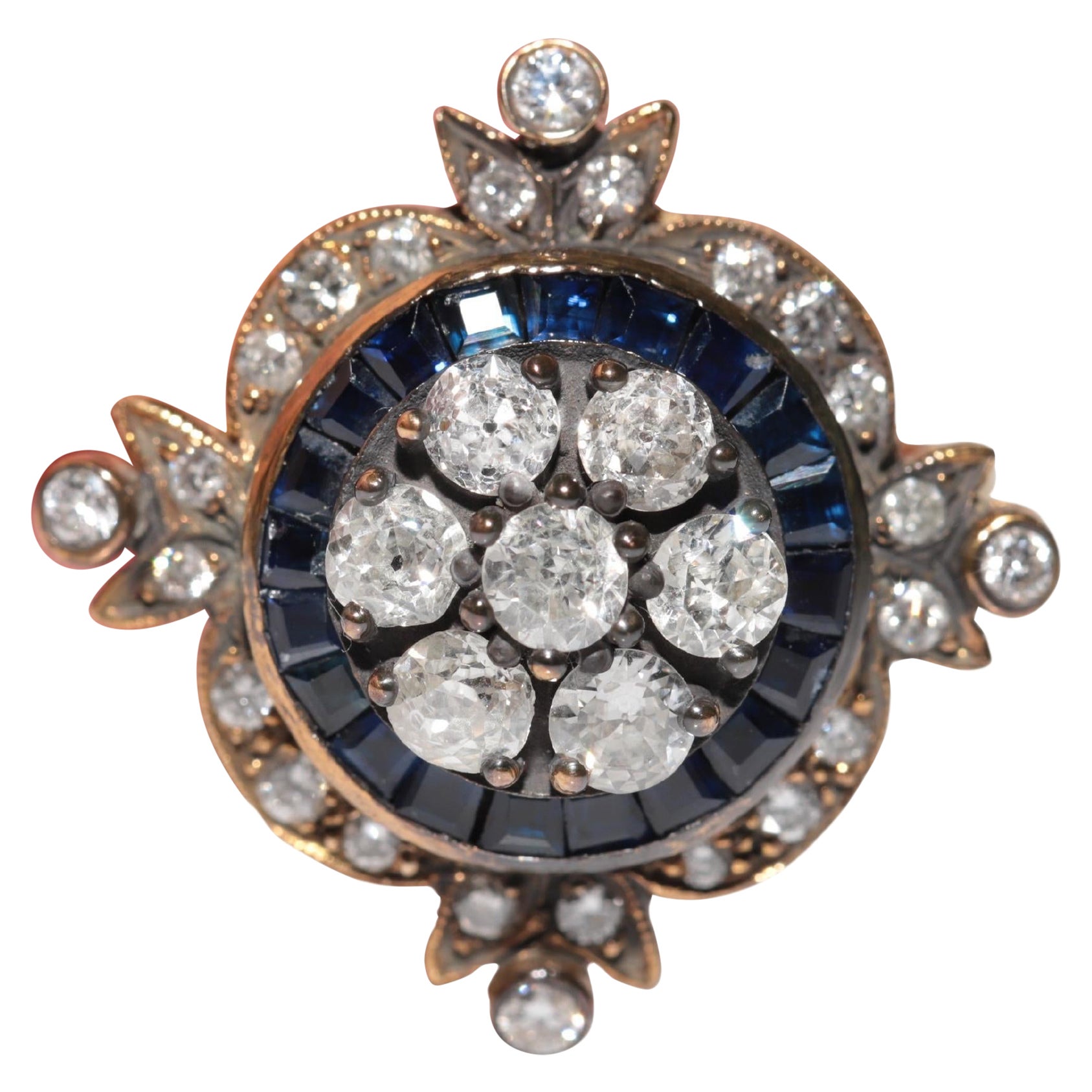 Incroyable bague en or 14 carats, diamant naturel et saphir taille calibre