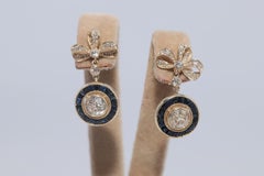 New Made 14k Gold Natural Diamond And Caliber Cut Sapphire Drop Earring