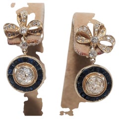 New Made 14k Gold Natural Diamond And Caliber Cut Sapphire Drop Earring