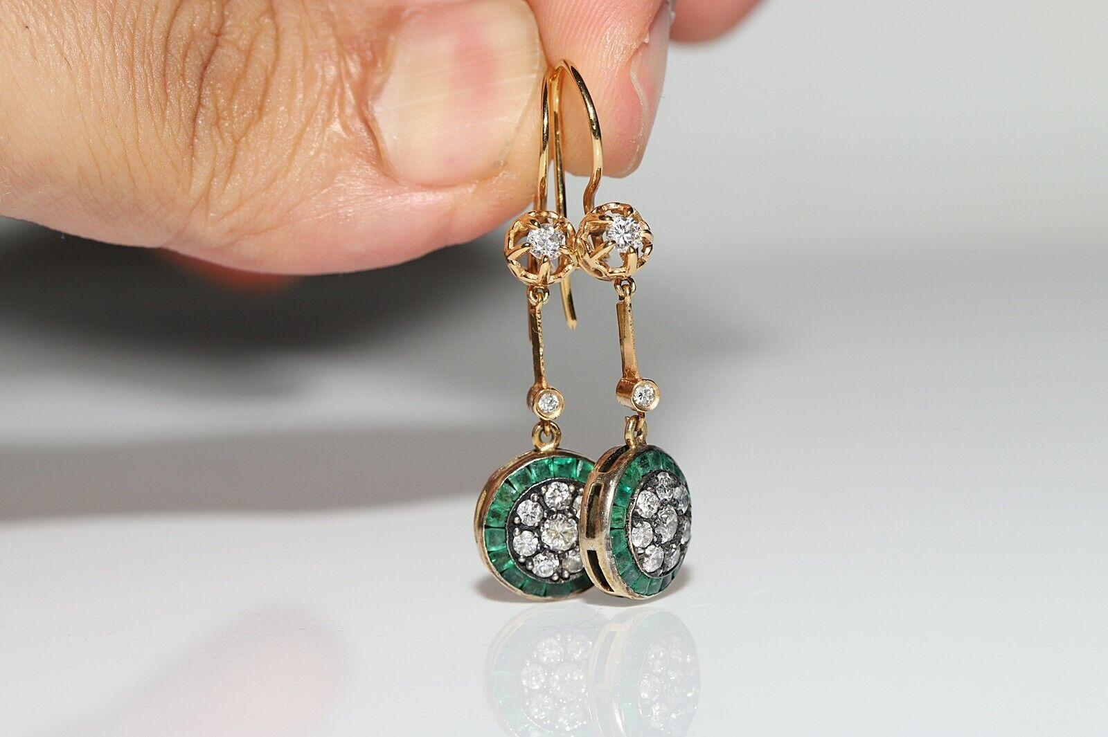 Brilliant Cut New Made 14k Gold Natural Diamond And Caliber Emerald Decorated Earring  For Sale