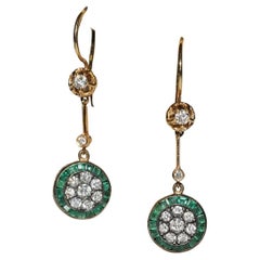 New Made 14k Gold Natural Diamond And Caliber Emerald Decorated Earring 