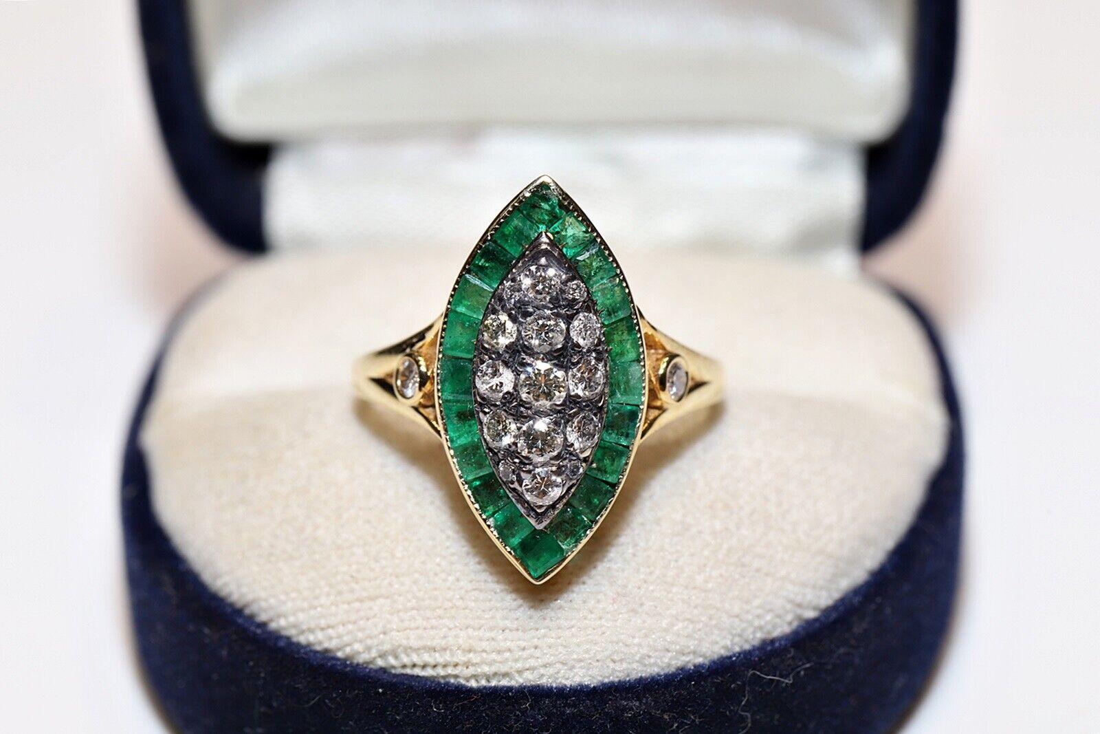 New Made 14k Gold Natural Diamond And Caliber Emerald Navette Ring  For Sale 5