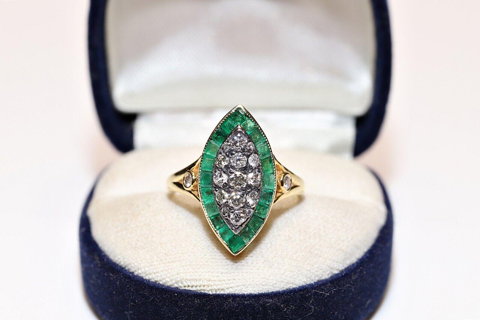 New Made 14k Gold Natural Diamond And Caliber Emerald Navette Ring  For Sale 6