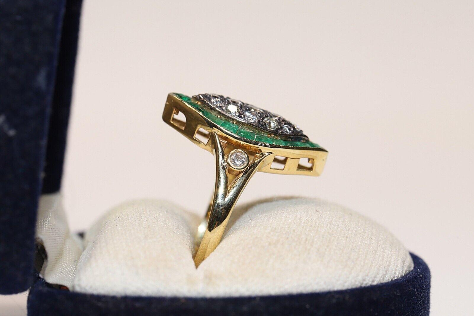 New Made 14k Gold Natural Diamond And Caliber Emerald Navette Ring  For Sale 7