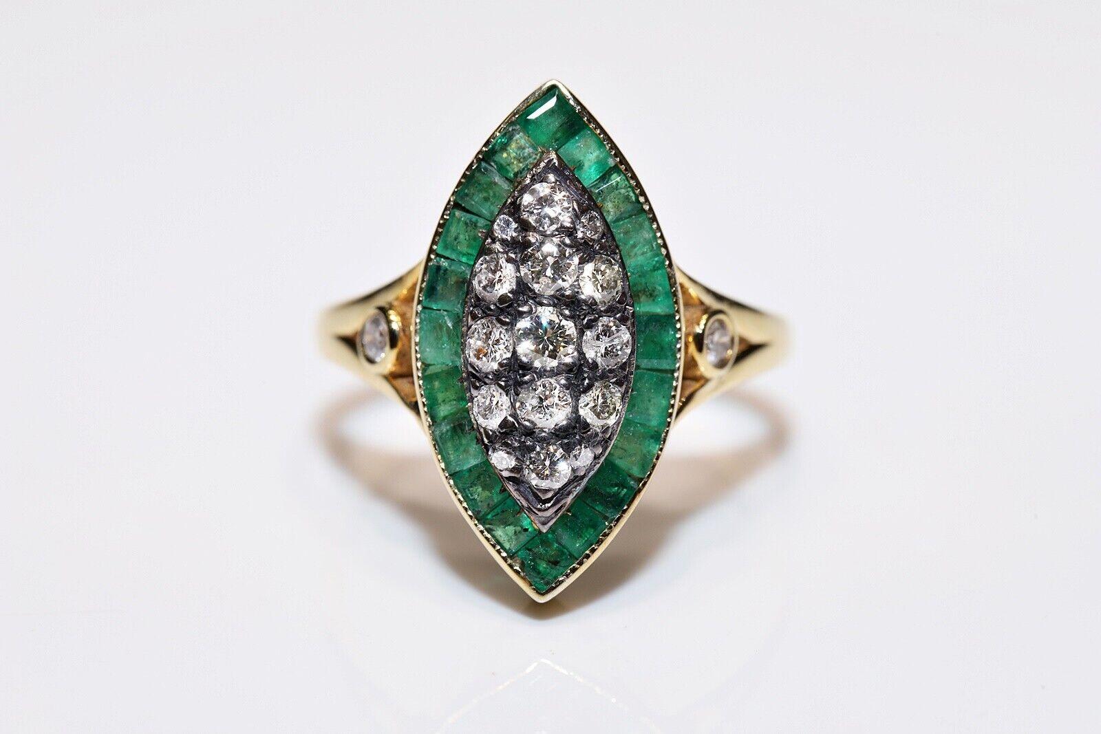 In very good condition.
Total weight 4.3 grams.
Totally is diamond totally 0.60 carat.
Acid tested to be 14k real gold.
The diamond is has  G-H-I-J color and vs clarity.
Totally is emerald 1.50 carat.
Ring size is US 7 (We offer free resizing)
We