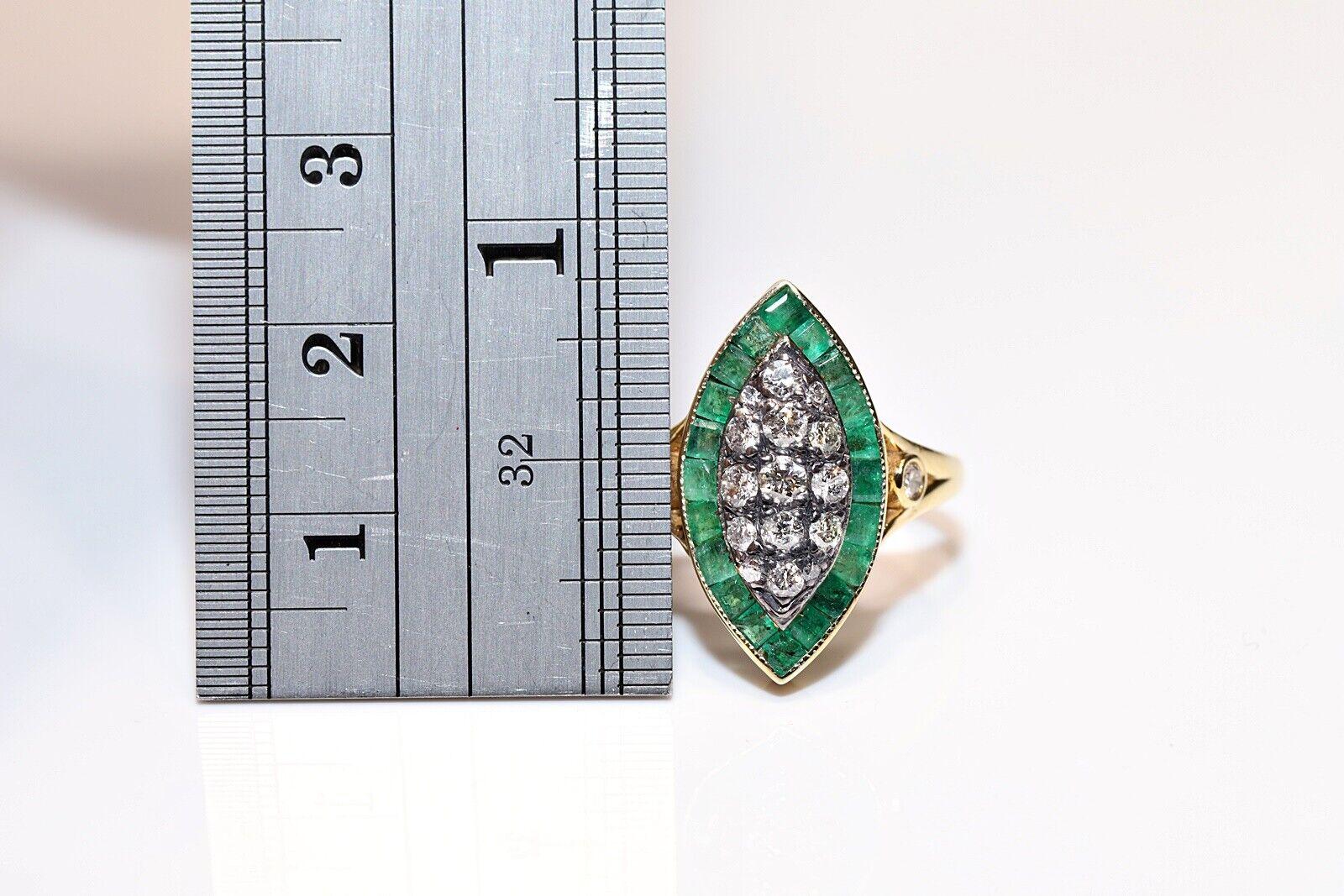 Brilliant Cut New Made 14k Gold Natural Diamond And Caliber Emerald Navette Ring  For Sale