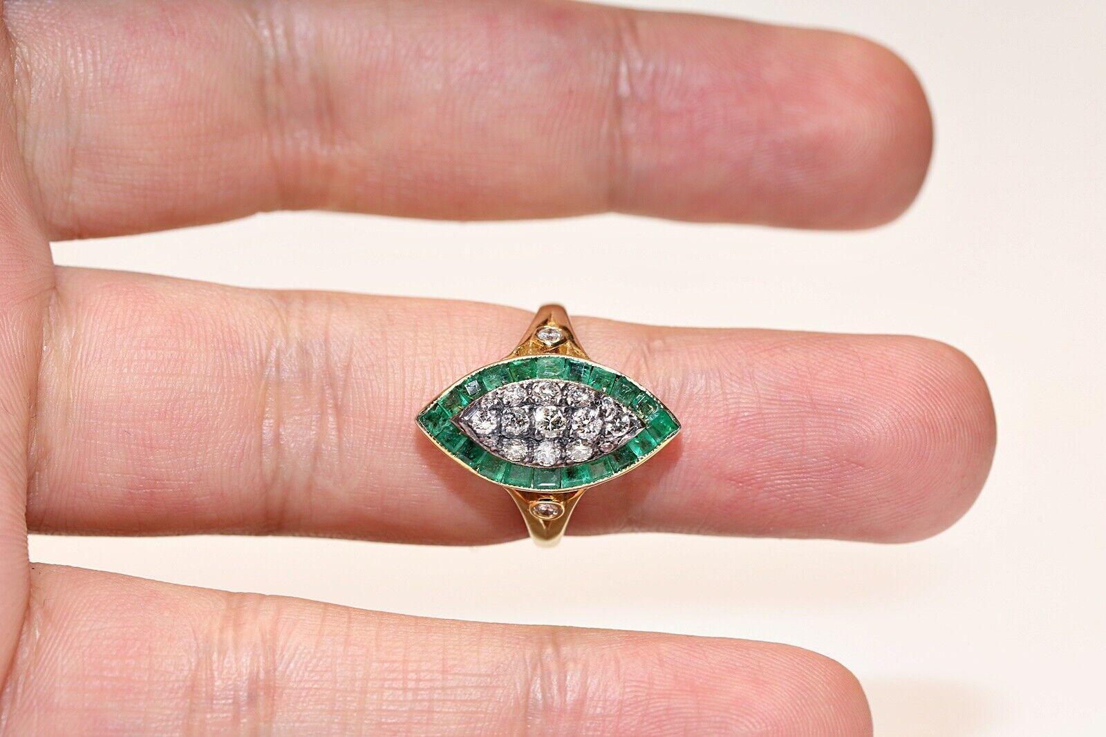 New Made 14k Gold Natural Diamond And Caliber Emerald Navette Ring  For Sale 1