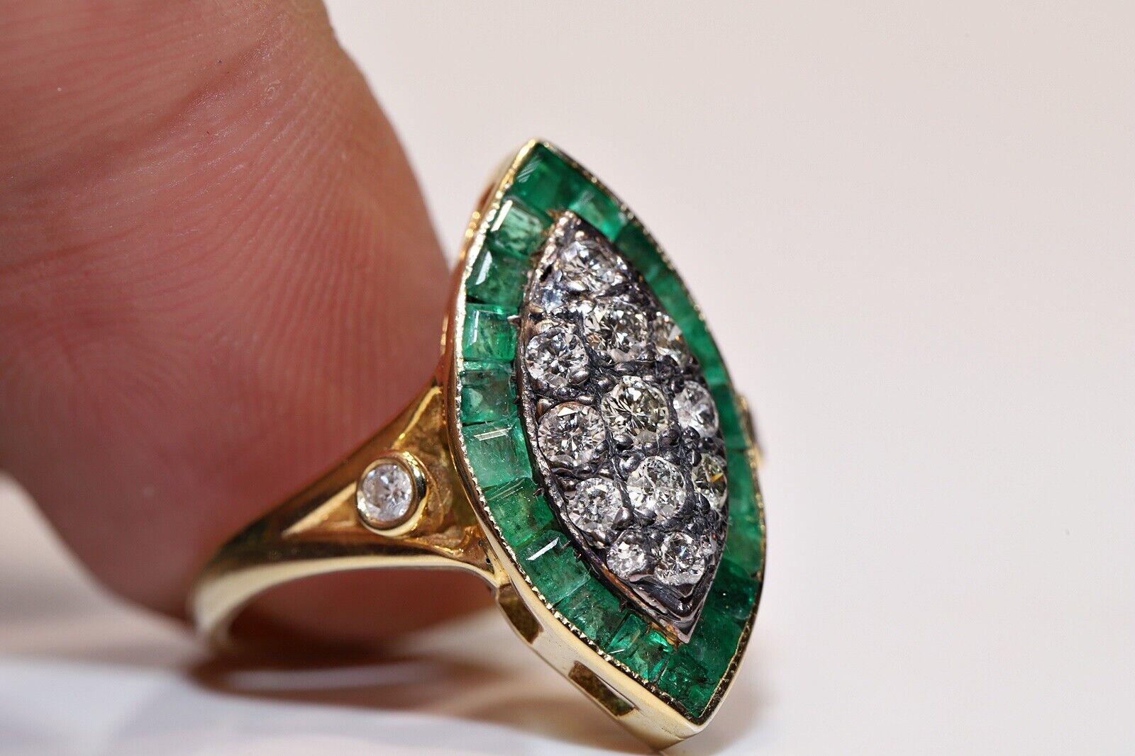 New Made 14k Gold Natural Diamond And Caliber Emerald Navette Ring  For Sale 3