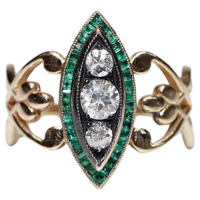 New Made 14k Gold Natural Diamond And Caliber Emerald Navette Ring 