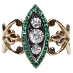New Made 14k Gold Natural Diamond And Caliber Emerald Navette Ring 