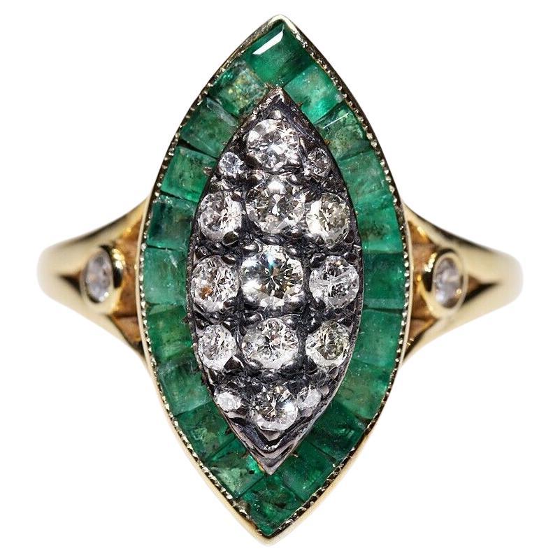 New Made 14k Gold Natural Diamond And Caliber Emerald Navette Ring  For Sale