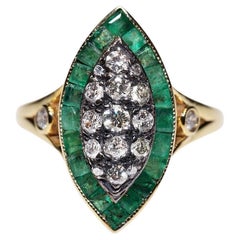 Neuer Navette-Ring, 14 Karat Gold, natürlicher Diamant und Smaragd, Kaliber, Smaragd 
