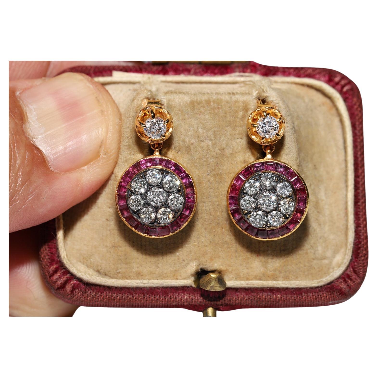 New Made 14k Gold Natural Diamond And Caliber Ruby Decorated Earring