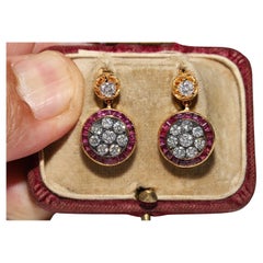 New Made 14k Gold Natural Diamond And Caliber Ruby Decorated Earring