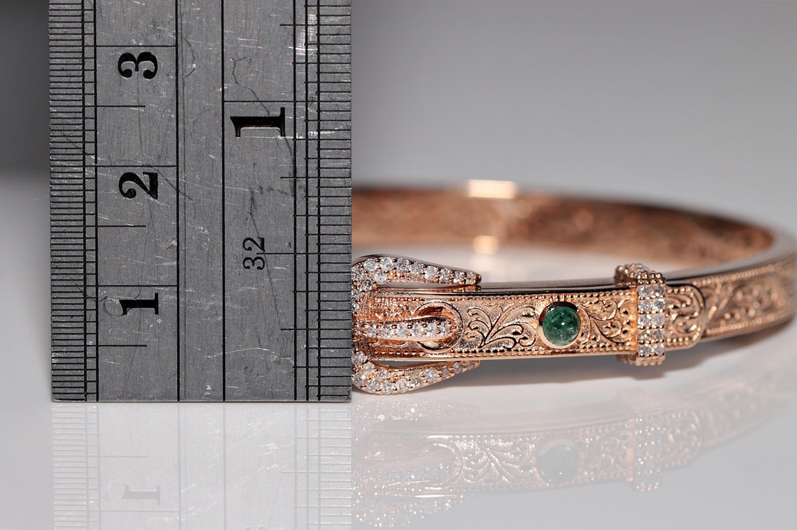 Pulsera cinturón de oro de 14k con diamantes naturales y esmeraldas en venta 2