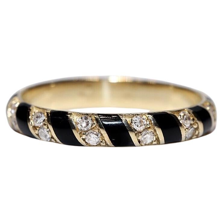 New Made 14k Gold Natural Diamond and Enamel Decorated Band Ring (Bague en or 14k décorée de diamants naturels et d'émail)  en vente