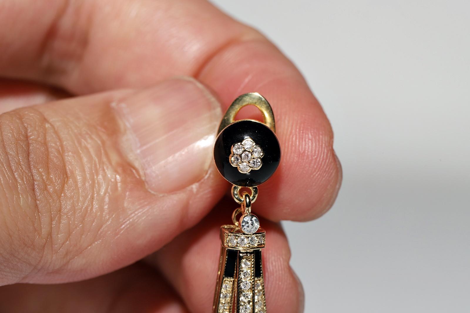 New Made 14k Gold Natural Diamond And Enamel Decorated Drop Earring For Sale 4