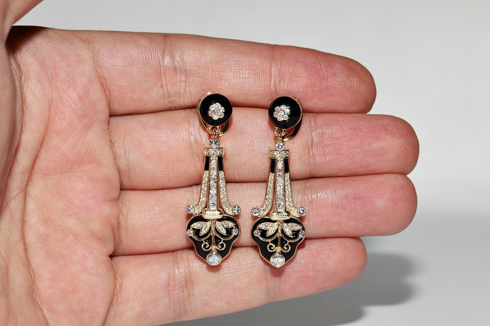 New Made 14k Gold Natural Diamond And Enamel Decorated Drop Earring For Sale 7