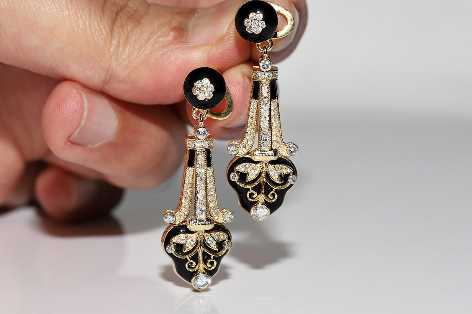 Brilliant Cut New Made 14k Gold Natural Diamond And Enamel Decorated Drop Earring For Sale