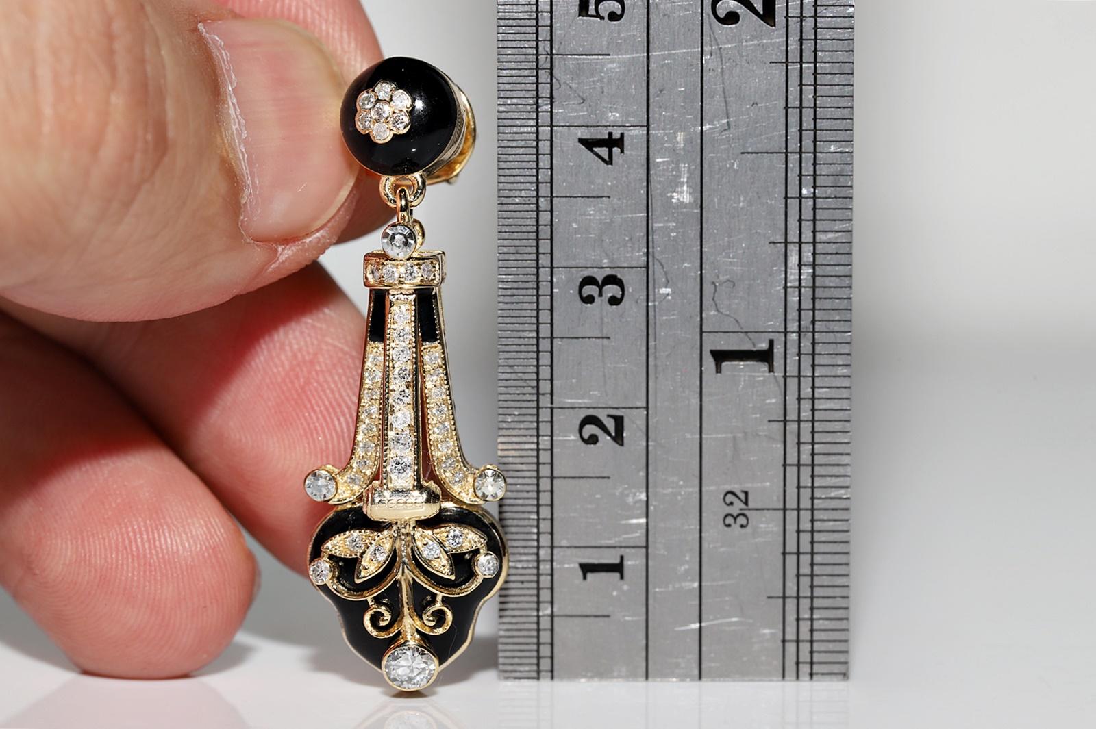 New Made 14k Gold Natural Diamond And Enamel Decorated Drop Earring In New Condition For Sale In Fatih/İstanbul, 34