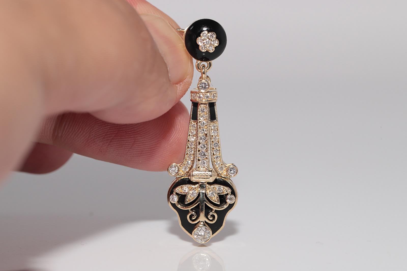 Neuer gefertigter 14k Gold natürlicher Diamant- und Emaille-Dekorierter Tropfenohrring im Zustand „Gut“ im Angebot in Fatih/İstanbul, 34
