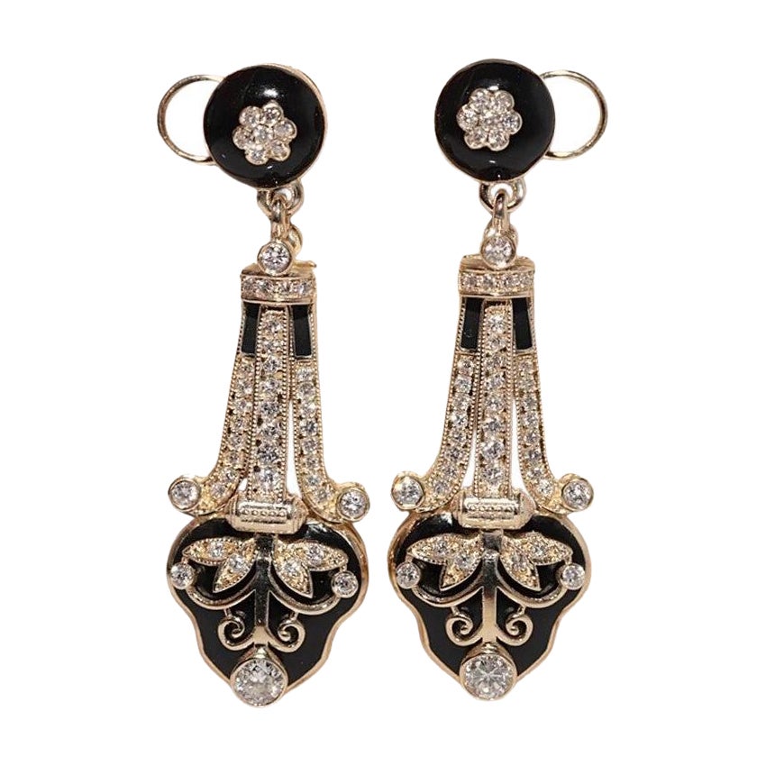 New Made 14k Gold Natural Diamond And Enamel Decorated Drop Earring