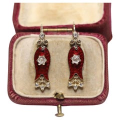 New Made 14k Gold Natural Diamond And Enamel Decorated Drop Earring New Made 14k Gold Natural Diamond And Enamel Decorated Drop Earring