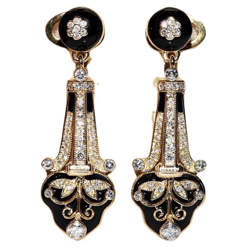 New Made 14k Gold Natural Diamond And Enamel Decorated Drop Earring For Sale