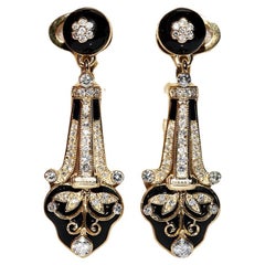 New Made 14k Gold Natural Diamond And Enamel Decorated Drop Earring