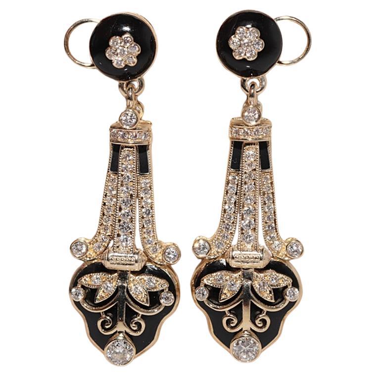 New Made 14k Gold Natural Diamond And Enamel Decorated Drop Earring