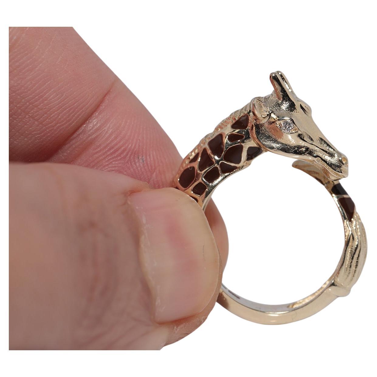 New Made 14k Gold Natural Diamond And Enamel Decorated Giraffe Design Ring For Sale